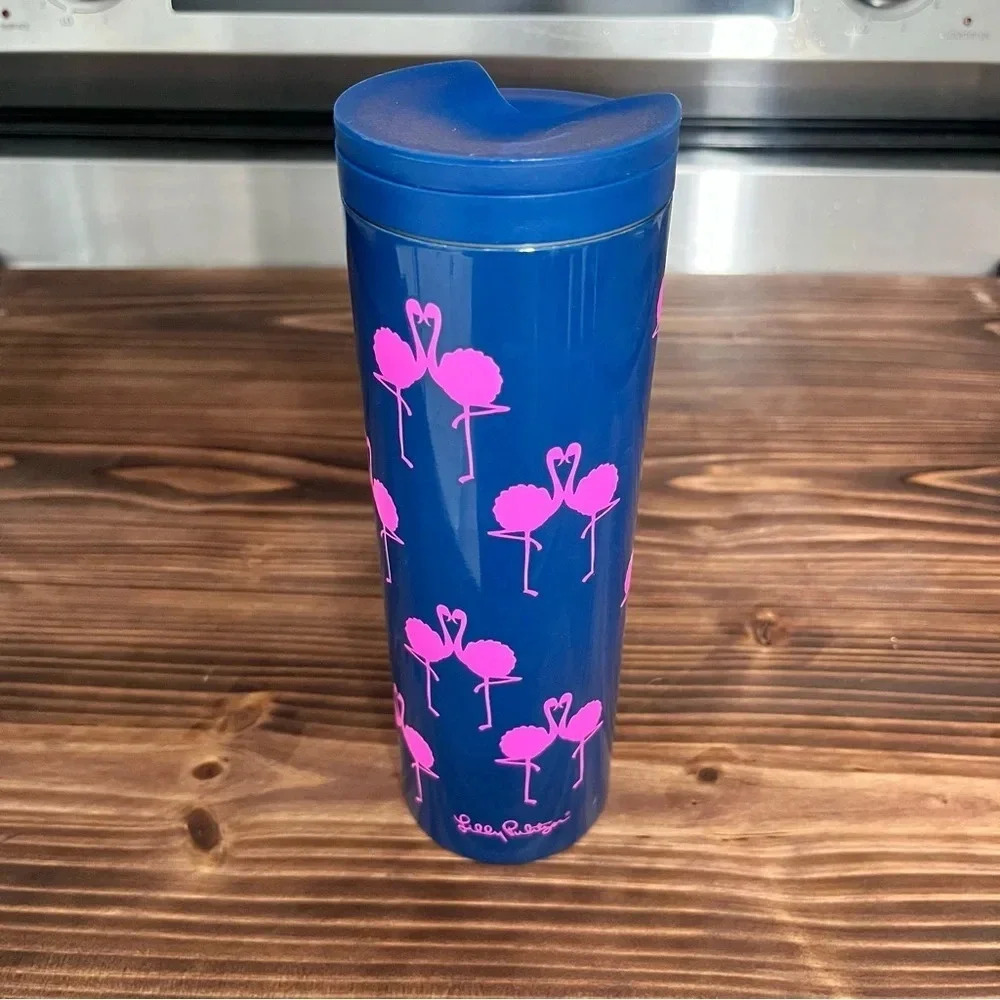 Lilly Pulitzer Flamingo Travel Mug Stainless Steel 18 oz Blue Pink